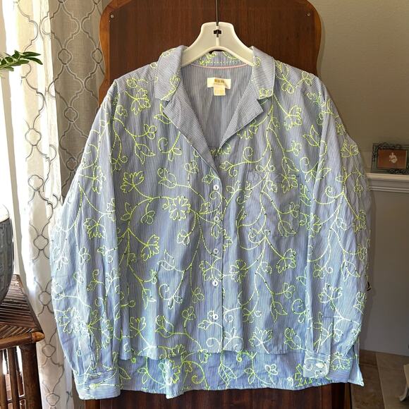 ANTHROPOLOGIE Maeve Clarissa Blue Stripe Neon Green Beaded Embroidered Top 8 - Picture 1 of 12